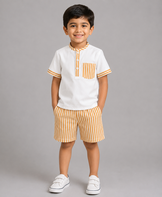 WHITE KURTA STYLE SHIRT WITH BROWN STRIPE SHIRT