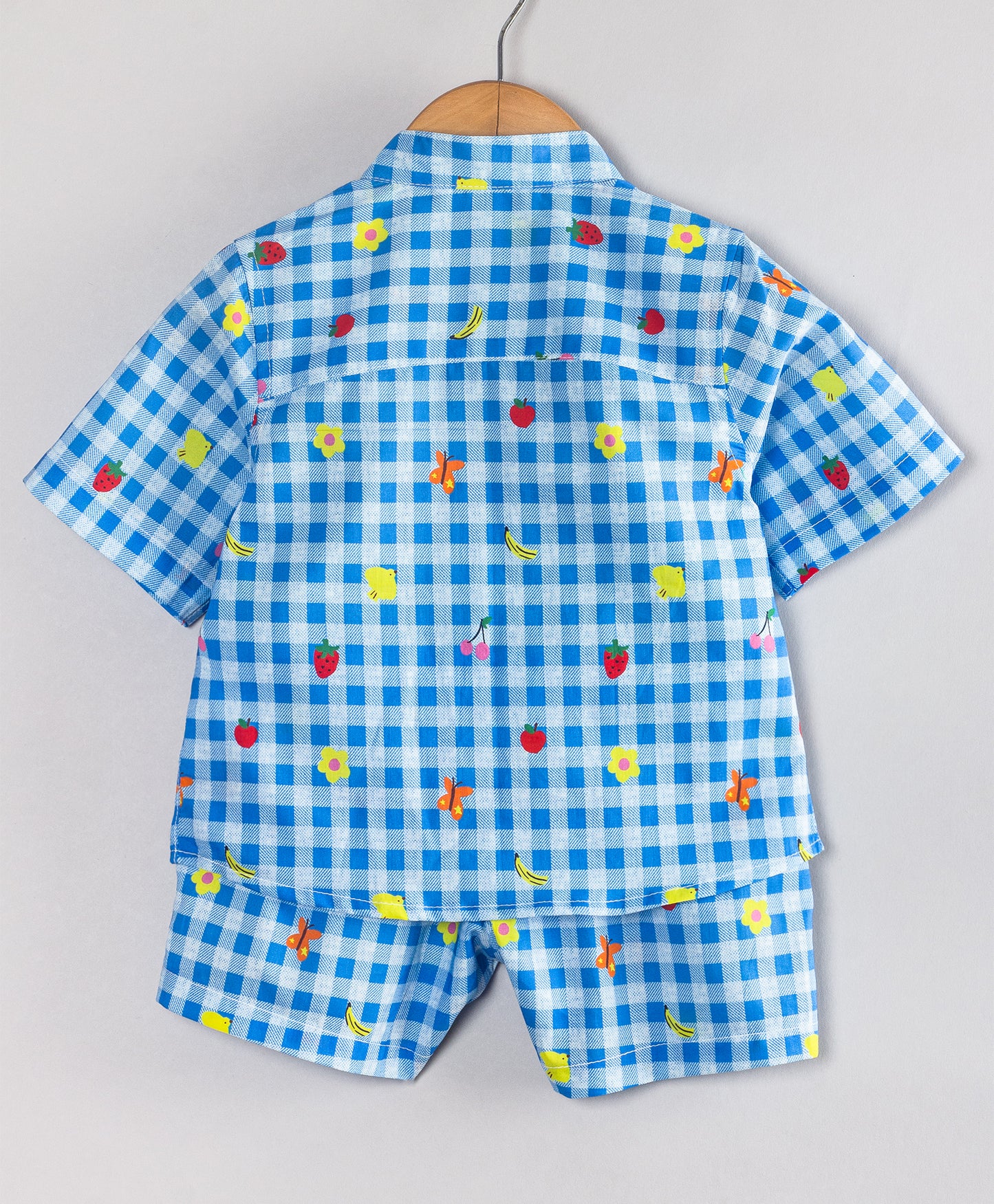 BLUE CHECK WITH FRUIT PRINT INFANT SHORTS SET