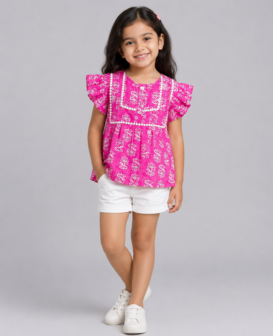 FUSCHIA MOTIF PRINT TOP WITH DOUBLE YOKE