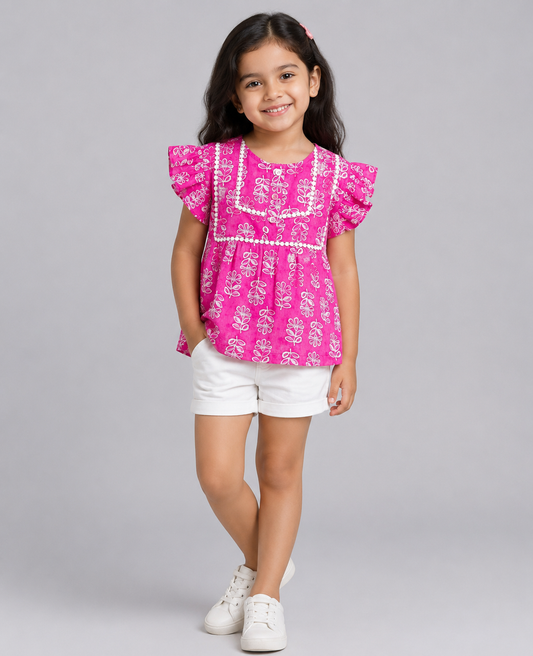 FUSCHIA MOTIF PRINT TOP WITH DOUBLE YOKE