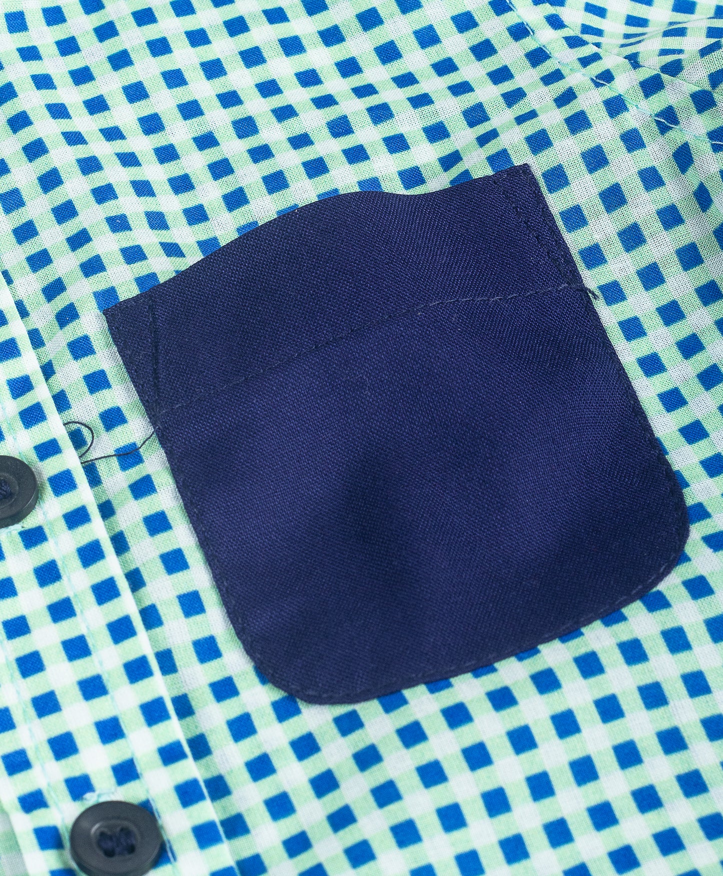 BLUE GHINGHAM CHECK PRINT WITH SOLID NAVY POCKET
