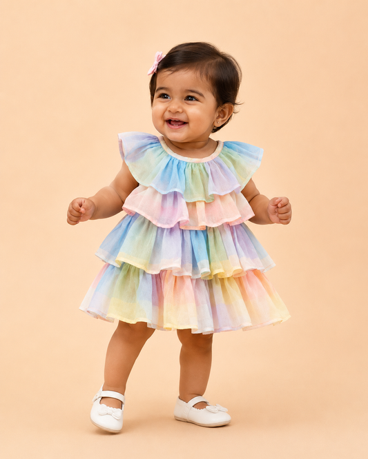 PASTEL CHECK PRINT FRILL INFANT DRESS