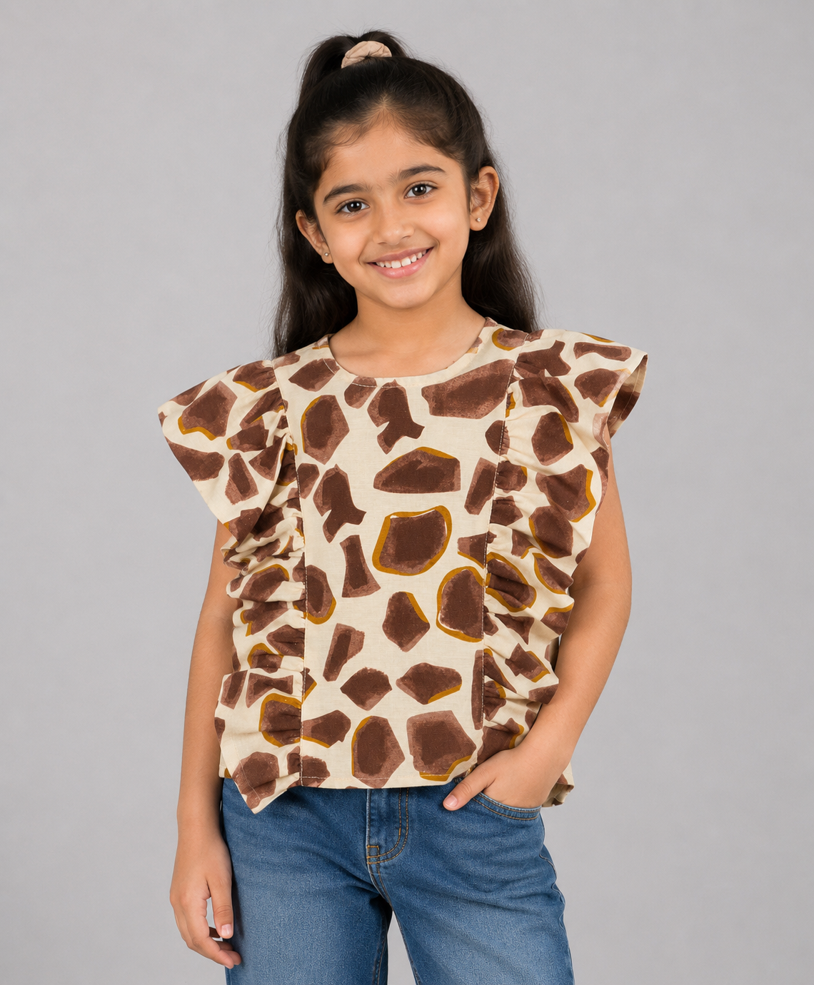 ABSTRACT PEBBLE PRINT TOP WITH SIDE FRILLS