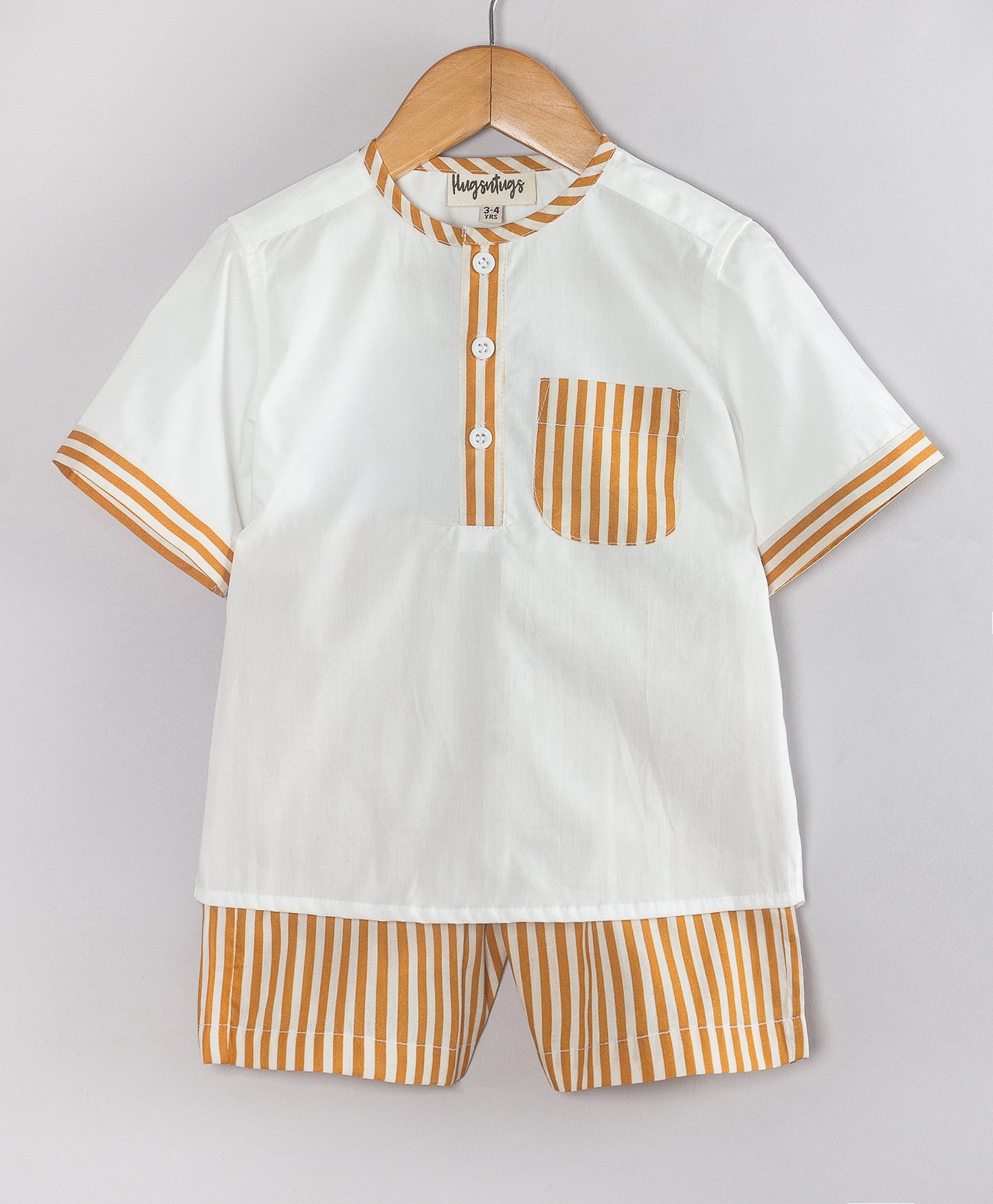 WHITE KURTA STYLE SHIRT WITH BROWN STRIPE SHIRT