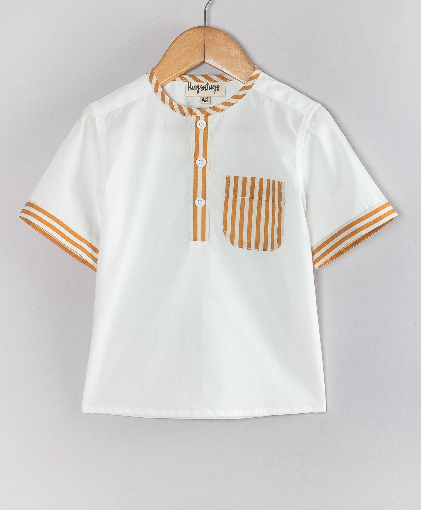 WHITE KURTA STYLE SHIRT WITH BROWN STRIPE SHIRT
