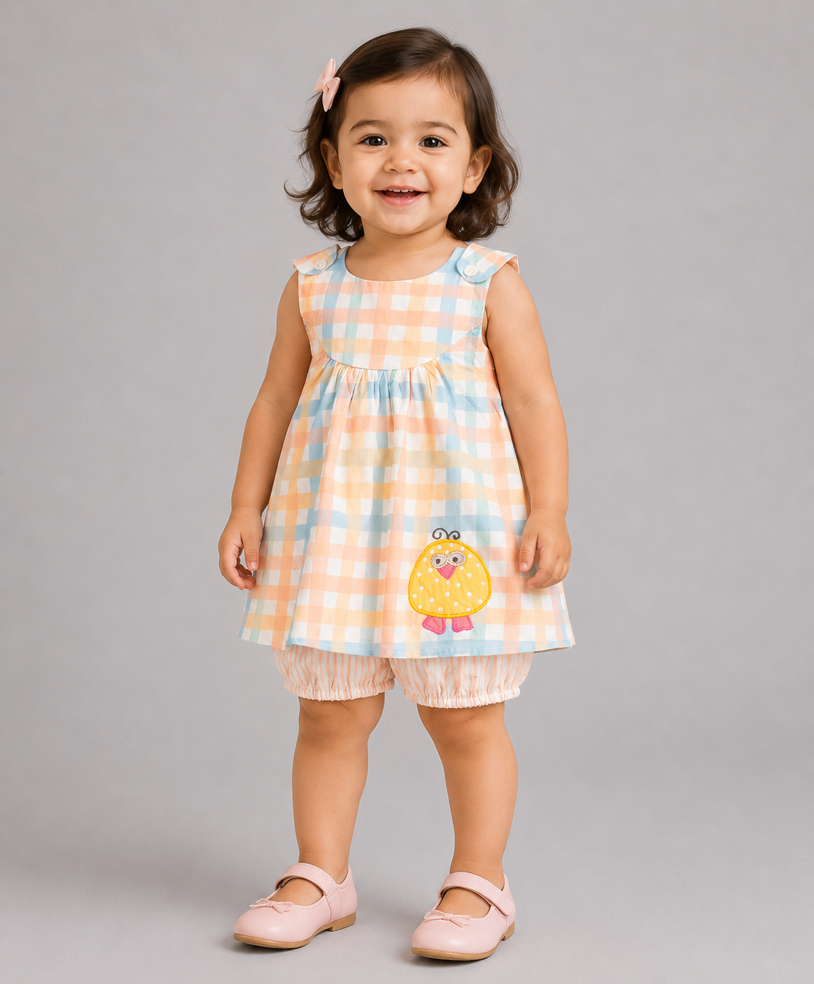 MULTI CHECK PRINT INFANT SHORTS SET WITH CHICKEN EMB. PATCH