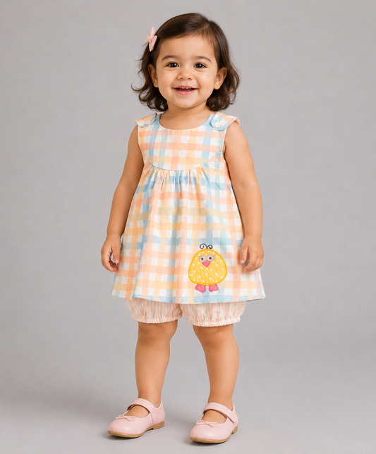 MULTI CHECK PRINT INFANT SHORTS SET WITH CHICKEN EMB. PATCH