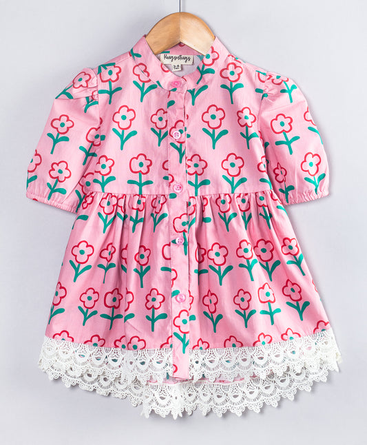 PINK FLOWER TOP WITH LACE AT BOTTOM EDGE
