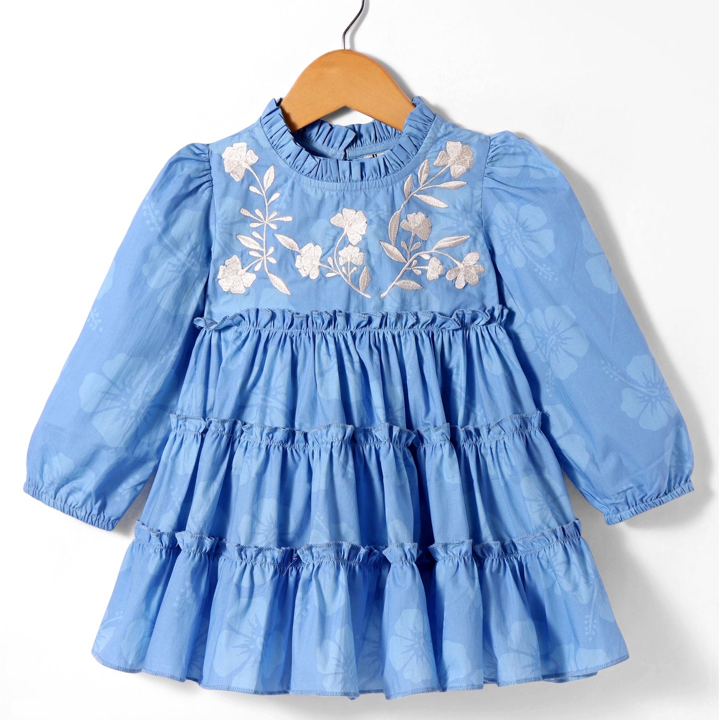 BLUE TUNIC TOP WITH ECRU EMBROIDERY AT YOKE