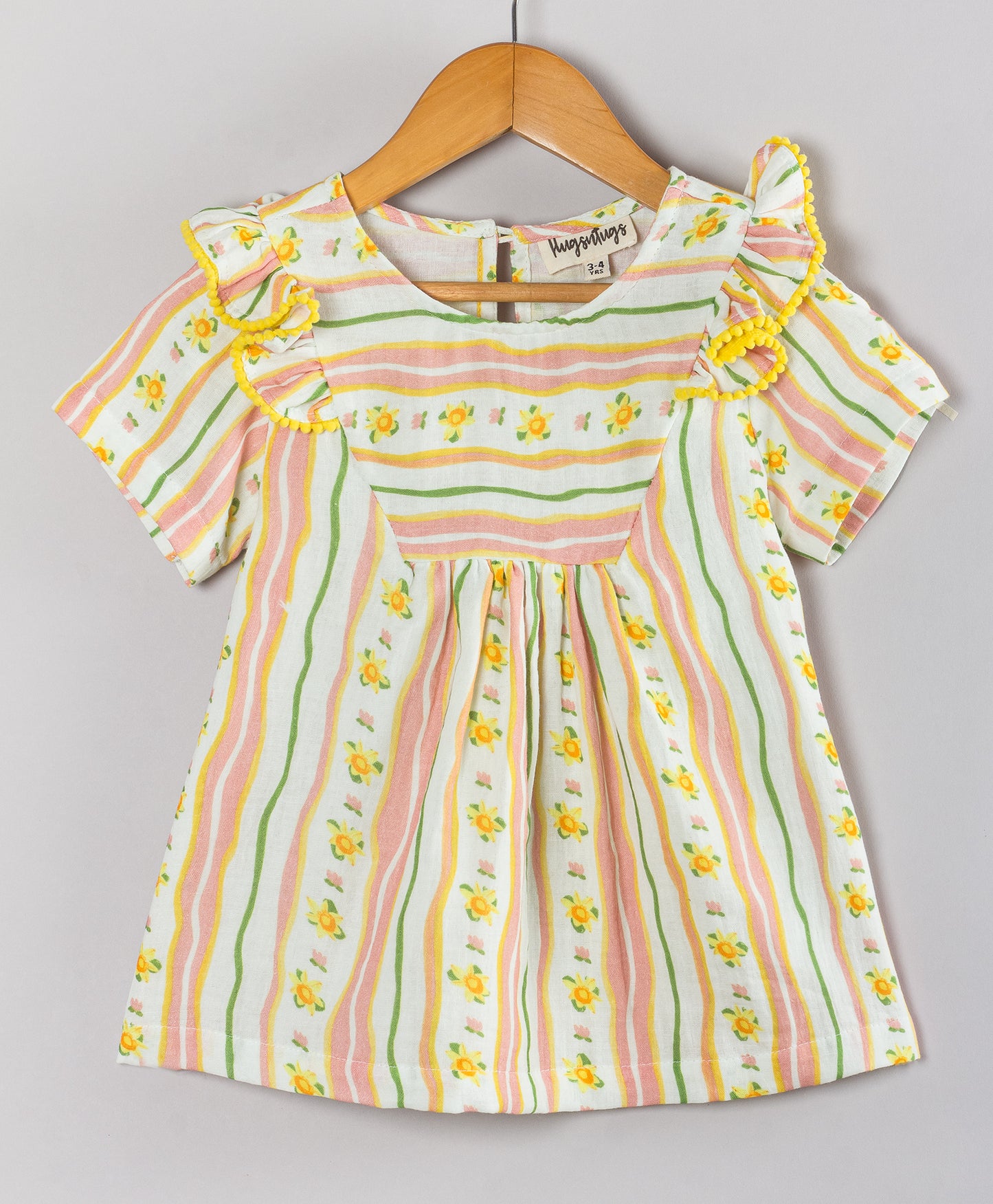 Striped & Floral Printed Frill Detailed Top - Yellow