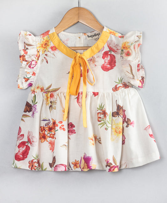 FLORAL PRINT TOP WITH YELLOW TIE UP AT NECK