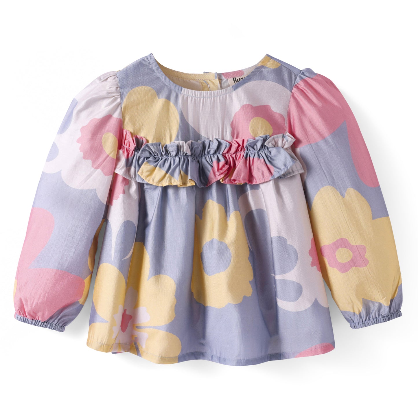 GREY PINK BIG FLOWER PRINT TOP WITH RUFFLE AT EMPIRE SEAM