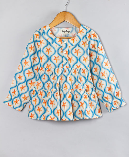 STAR FISH PRINT FRONT OPEN FULL SLEEVE TOP