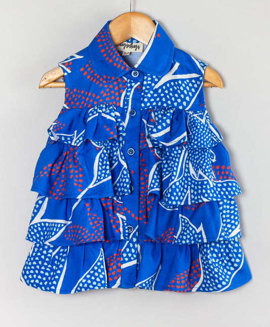 ROYAL BLUE LEAF PRINT BUTTON DOWN FRILL TOP