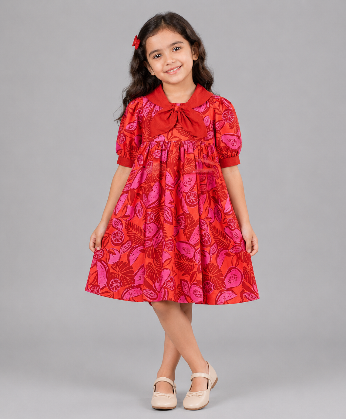 RED AND PINK LEAF PRINT DRESS