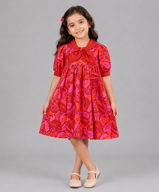 RED AND PINK LEAF PRINT DRESS