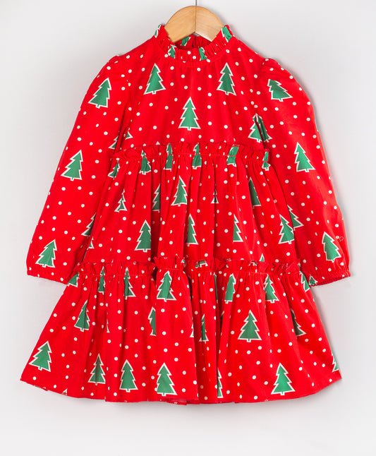 RED CHRISTMAS TREE PRINT DRESS
