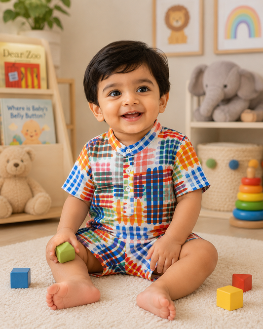 MULTICOLOR CRISCROSS PRINT INFANT SHORTS SET