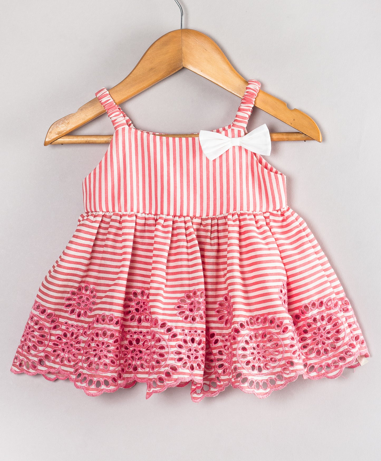 STRIPE PRINT INFANT SET WITH SCHIFFLI EMBROIDERY