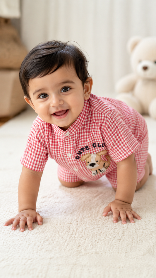 RED GHINGHAM PRINT INFANT SHORTS SET WITH EMBROIDERY PATCH