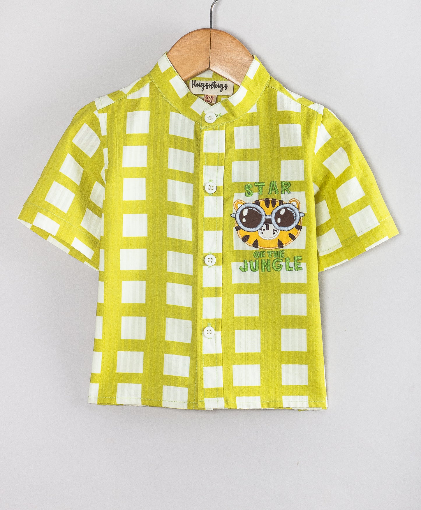 LIME GREEN CHECK SHORTS SET WITH TIGER EMBROIDERY PATCH