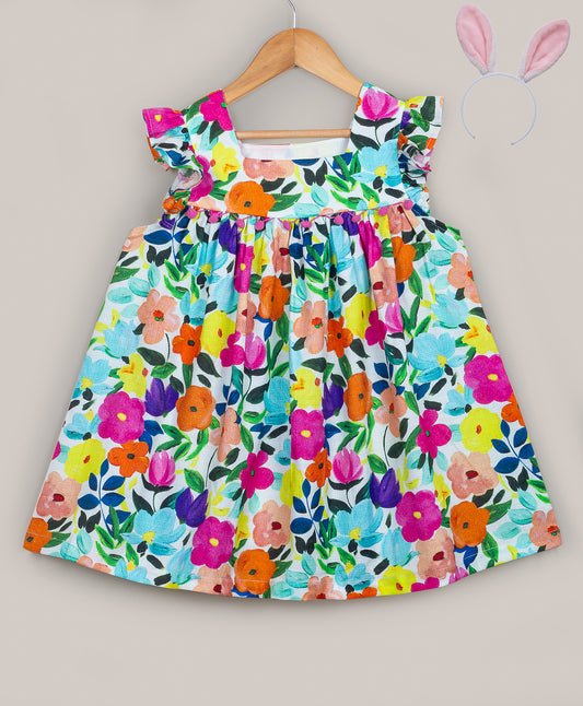 Bright flower print dress with square neck