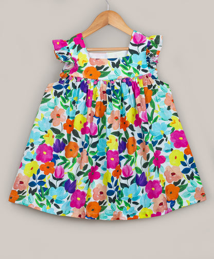 Bright flower print dress with square neck