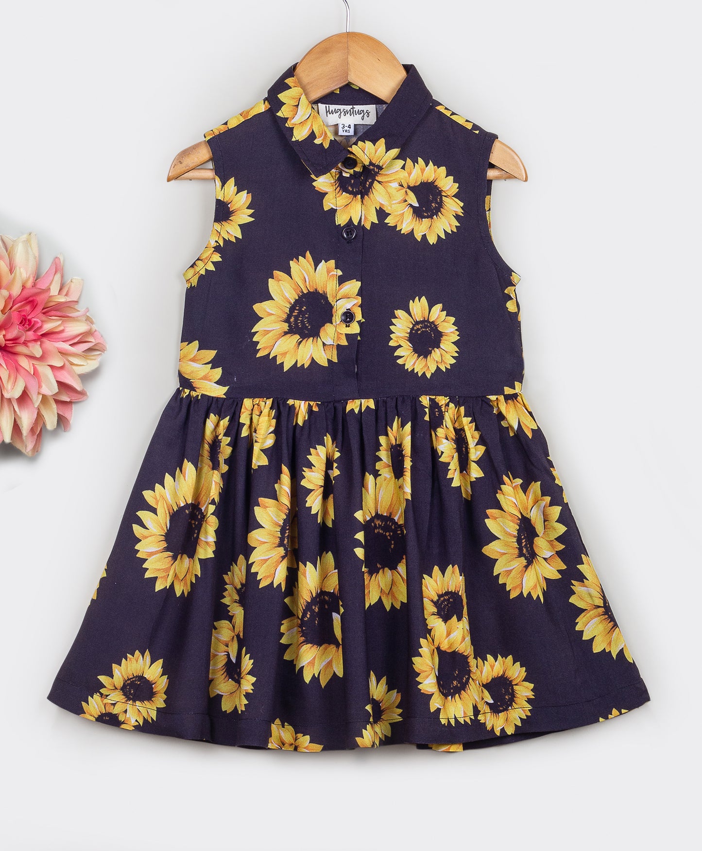 All over sunflower print dress with front button closure