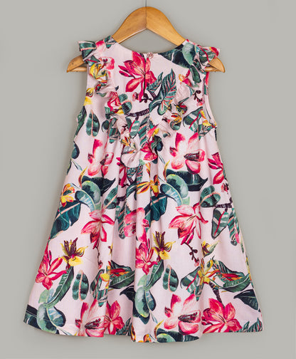 Beach floral print dress with frills at front