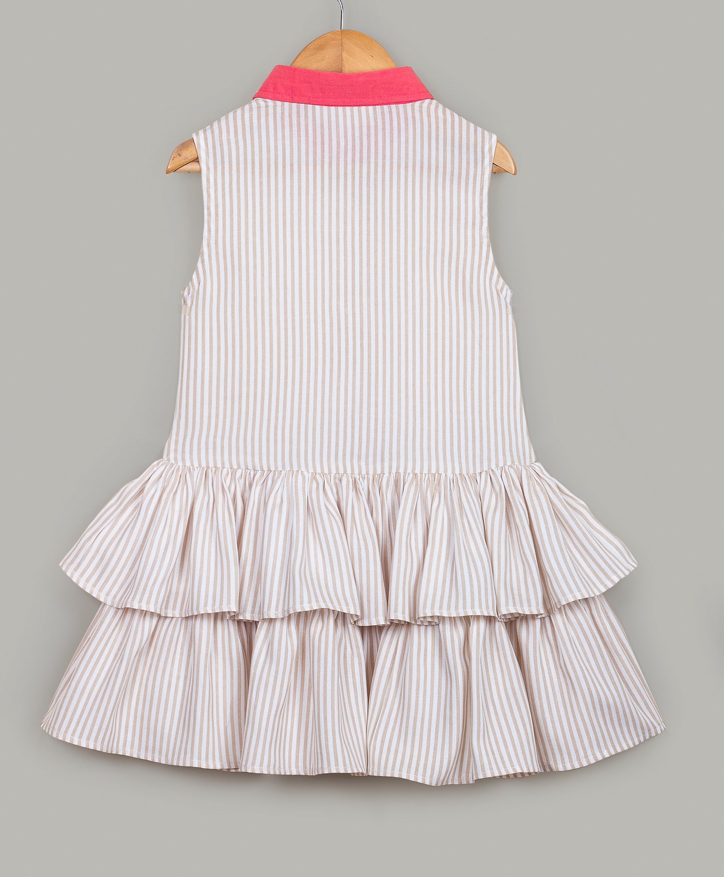 Beige Stripe print dress with contrast collars  and frills at flounce