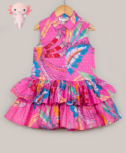 Pink big leaf print dress