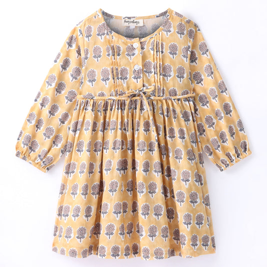 Full Sleeves All Over Flower Motif Printed Dress With Small Pleats At Yoke - Golden Yellow