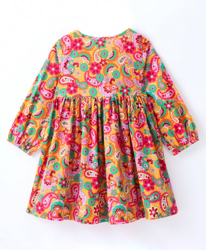 Full Sleeves Seamless Flowers & Paisley Design Printed & Pin Tuck Bodice Detailed Fit & Flare Dress - Red