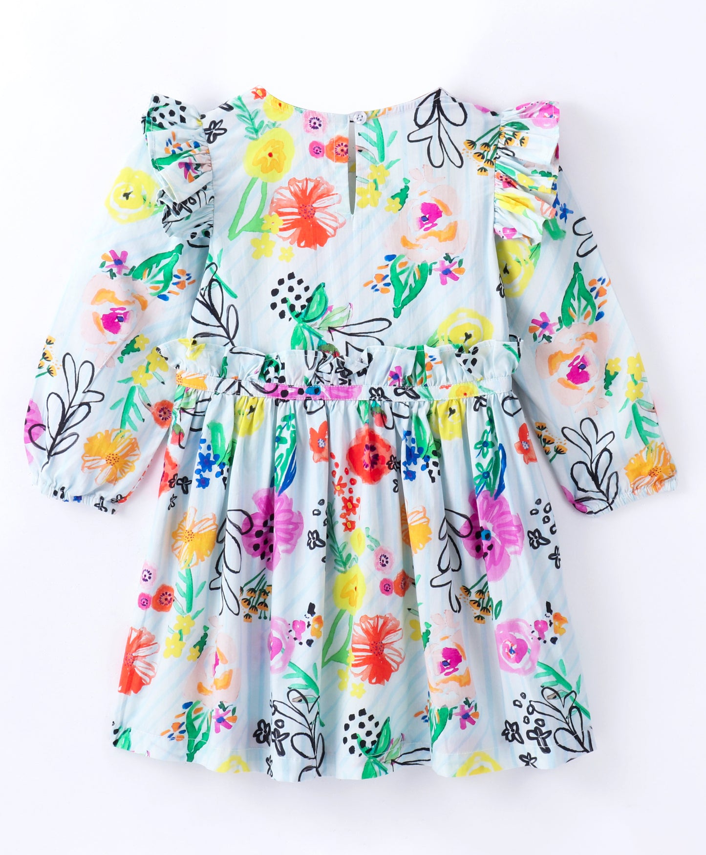Full Sleeves Watercolor Effect Flowers Printed & Candy Striped Frill Detailed Fit & Flare Dress - White & Multi Color