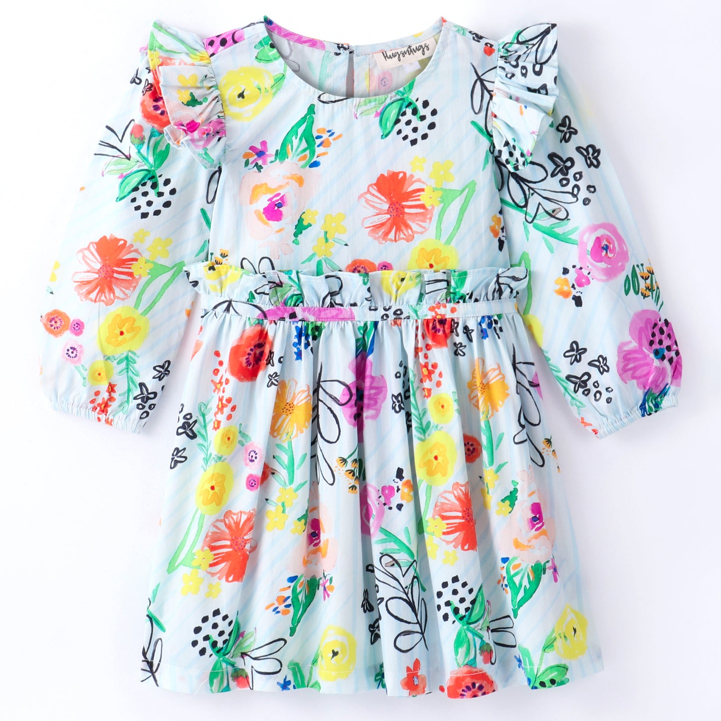 Full Sleeves Watercolor Effect Flowers Printed & Candy Striped Frill Detailed Fit & Flare Dress - White & Multi Color