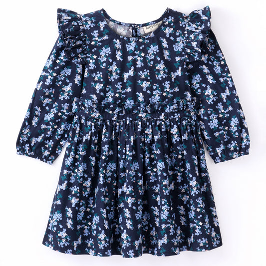 Full Sleeves Seamless Ditsy Floral Printed & Frill Detailed Fit & Flare Dress - Navy Blue