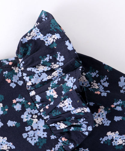 Full Sleeves Seamless Ditsy Floral Printed & Frill Detailed Fit & Flare Dress - Navy Blue