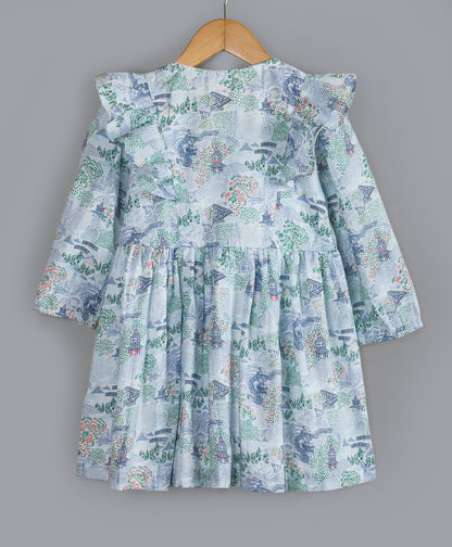 Dress with China Dragon print and Wooden Buttons