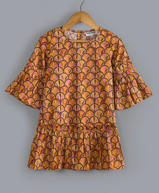 ALL OVER GEOMETRIC PRINT DRESS WITH BELL SLEEVES