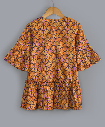 ALL OVER GEOMETRIC PRINT DRESS WITH BELL SLEEVES