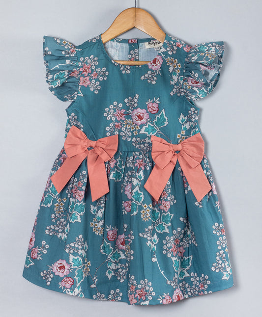 TEAL BLUE FLOWER PRINT DRESS WITH CORAL BOWS ON SIDE WAIST