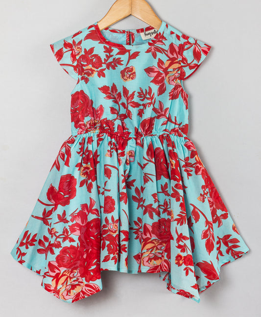 TURQ/RED FLORAL PRINT DRESS WITH HIGH LOW HEM