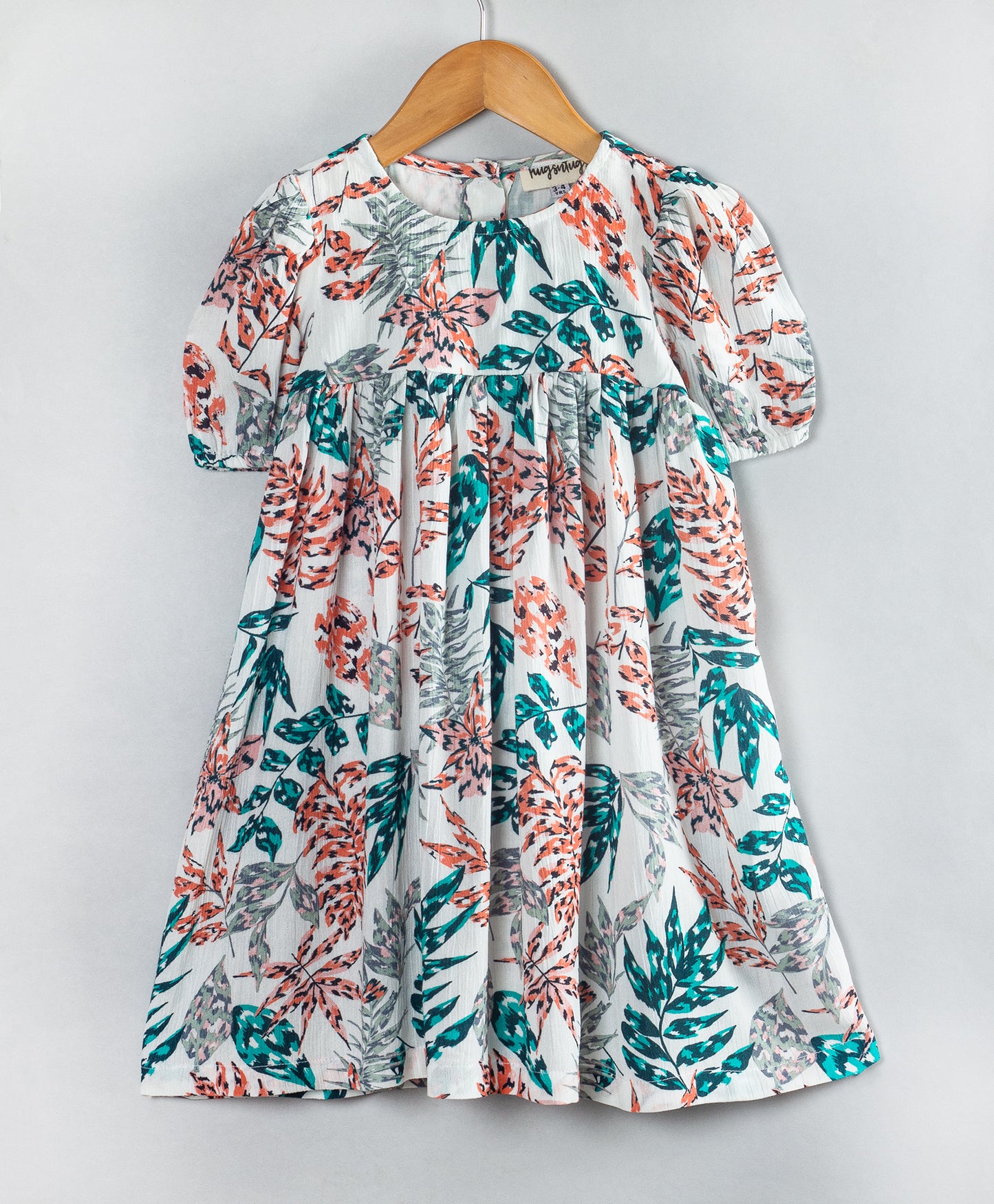 PEACH AND TEAL LEAF PRINT DRESS