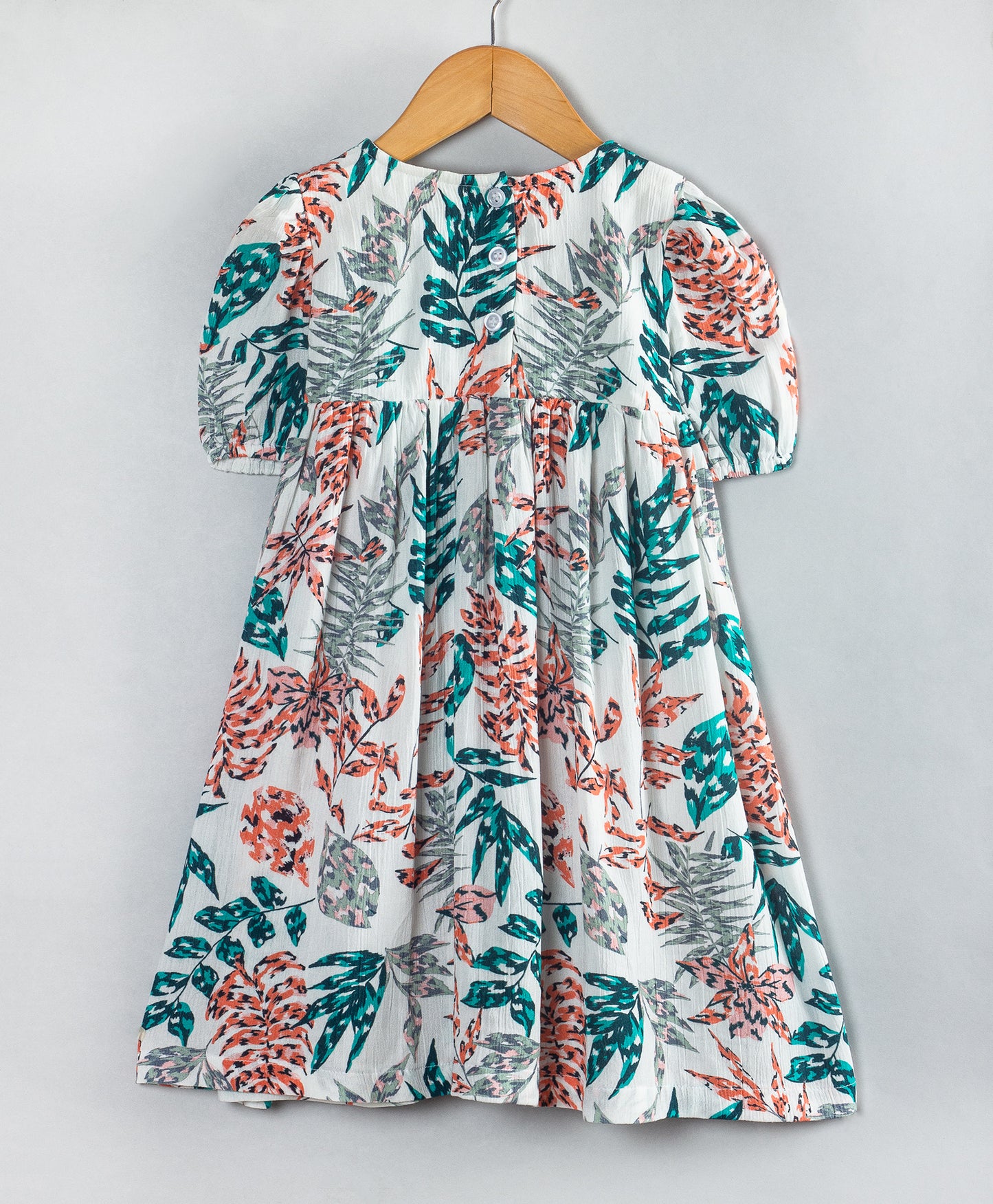 PEACH AND TEAL LEAF PRINT DRESS