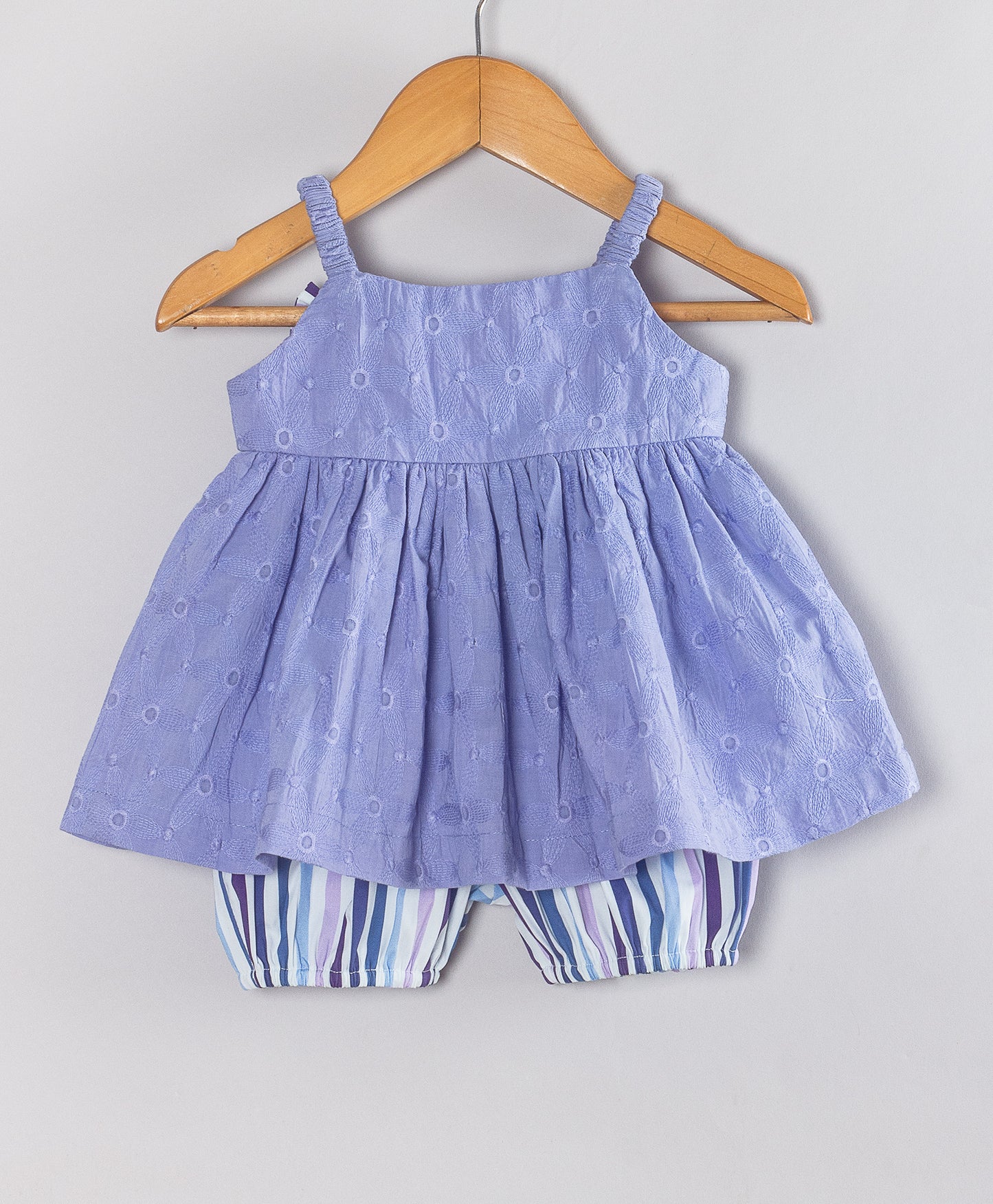 LIGHT PURPLE SCHIFFLI INFANT SET WITH STRIPE SHORTS