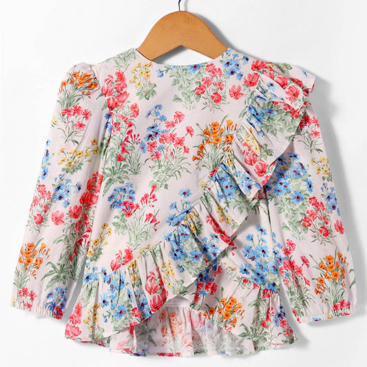 FLORAL PRINT TOP WITH FRILL ACROSS FRONT