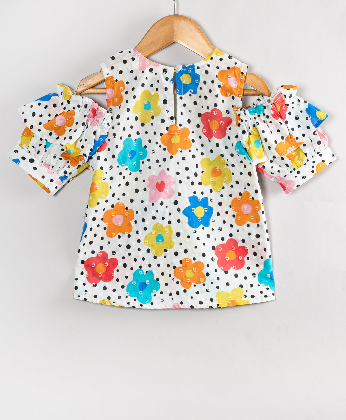 DOT AND FLOWER PRINT TOP COLD SHOULDER TOP