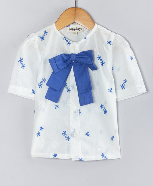 Floral Embroidered Bow Applique Detailed Shirt Style Top - White