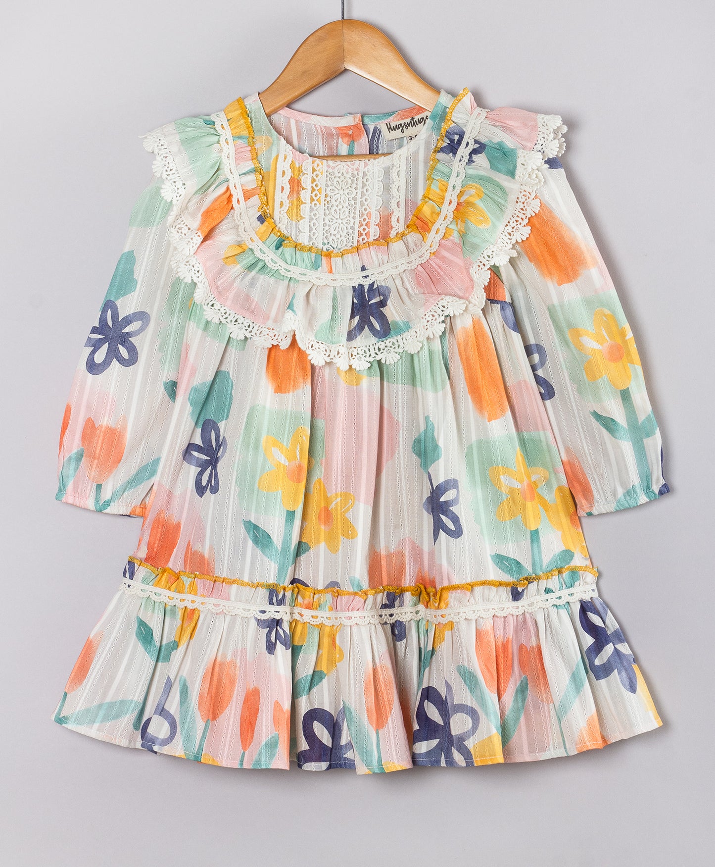 PASTEL FLORAL PRINT DRESS WITH LACE DETAILING AT YOKE