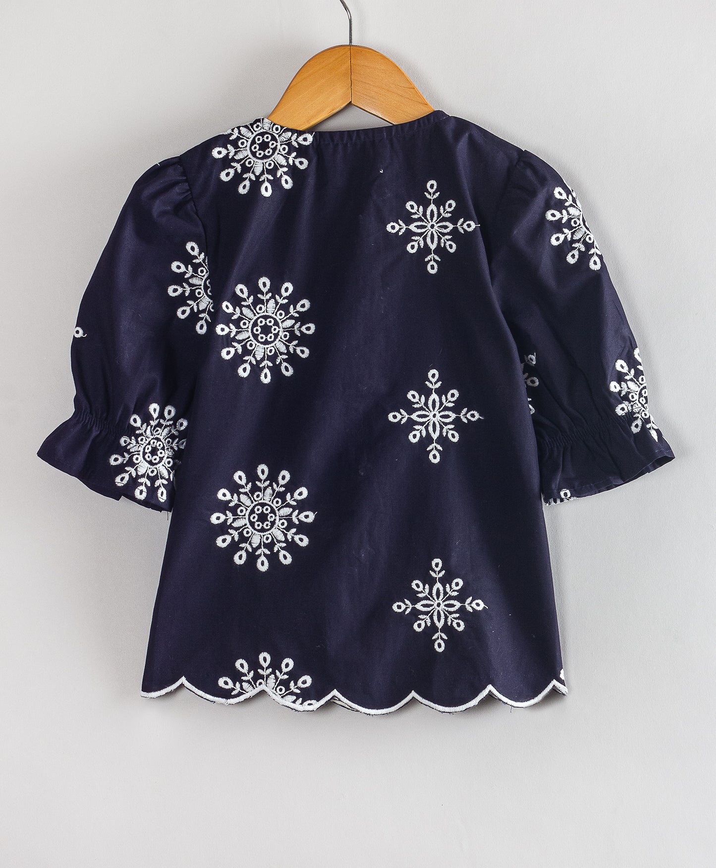 NAVY SCHIFFLI TOP WITH SELF BUTTONS
